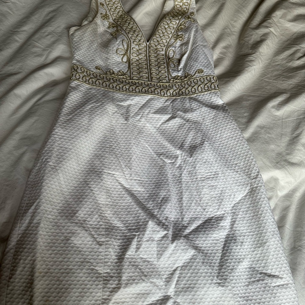 Lilly Pulitzer White Dress with Gold Embroidery